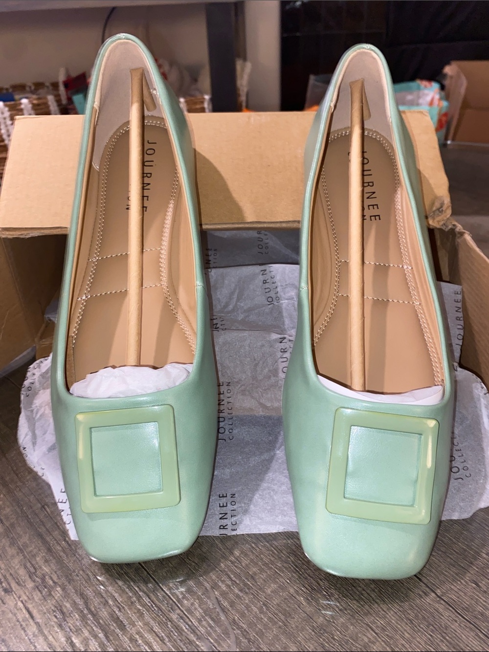 Journee Collection Pastel Mint Green Square-Buckle Flats